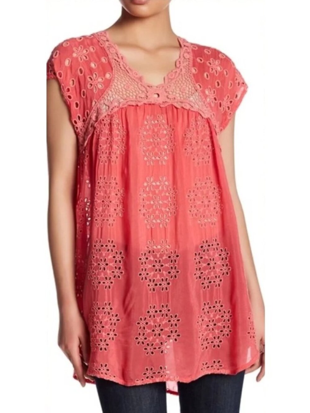 Johnny Was passion fruit pink floral eyelet cap sleeve blouse